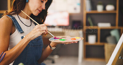 Buy stock photo Woman, artist and brush for painting at house with creative art, mixing color and design process. Female person,  palette and canvas with craft project, talent and tools for artwork activity of hobby