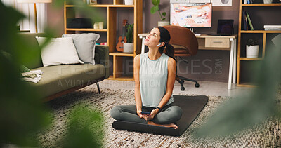 Buy stock photo Phone, thinking and woman with earphones, zen and listening to sound for self awareness in home. Morning, calm and person with mobile for playlist, spiritual and mindfulness with music in house