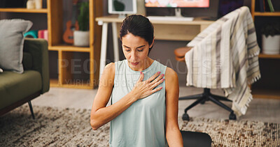 Buy stock photo Meditation, breathing and woman with routine, zen and self awareness in morning, wellness and living room. House, calm and person with mindfulness for health, spiritual and stress relief in lounge