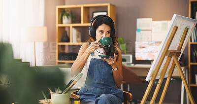 Buy stock photo Woman, painting and coffee with headphones for listening to music, podcast and art project. Artist, beverage and streaming sound with canvas for artwork progress, creative process and craft at house