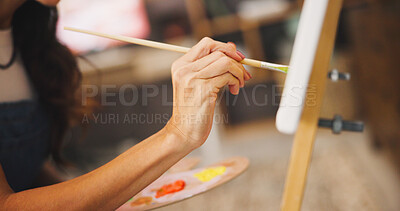 Buy stock photo Hands, woman and artist with brush for painting with creative art, drawing design and project process. Person, palette and canvas with craft creating, talent and hobby for artwork activity at house