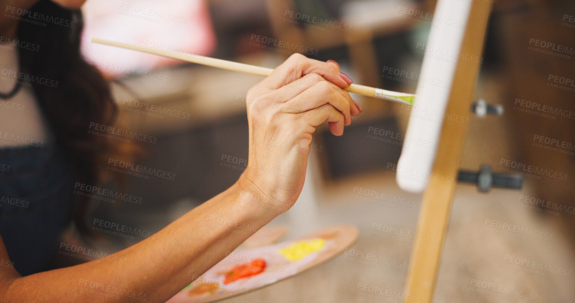 Buy stock photo Hands, woman and artist with brush for painting with creative art, drawing design and project process. Person, palette and canvas with craft creating, talent and hobby for artwork activity at house