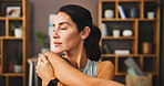 Meditation, stretching and woman with mindfulness, home and self awareness in morning, calm and breathing. House, zen and person with routine for health, spiritual and stress relief in living room