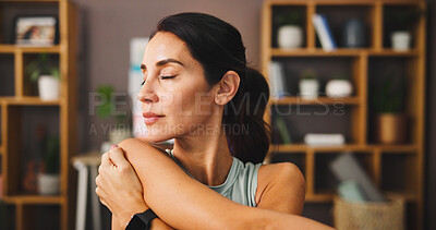 Buy stock photo Meditation, stretching and woman with mindfulness, home and self awareness in morning, calm and breathing. House, zen and person with routine for health, spiritual and stress relief in living room