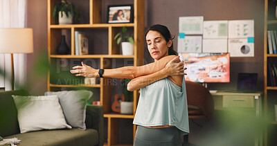 Buy stock photo Woman, yoga and stretching with arms for workout, physical exercise or fitness at home. Female person, yogi or warm up with training activity for flexibility, pilates or health and wellness at house