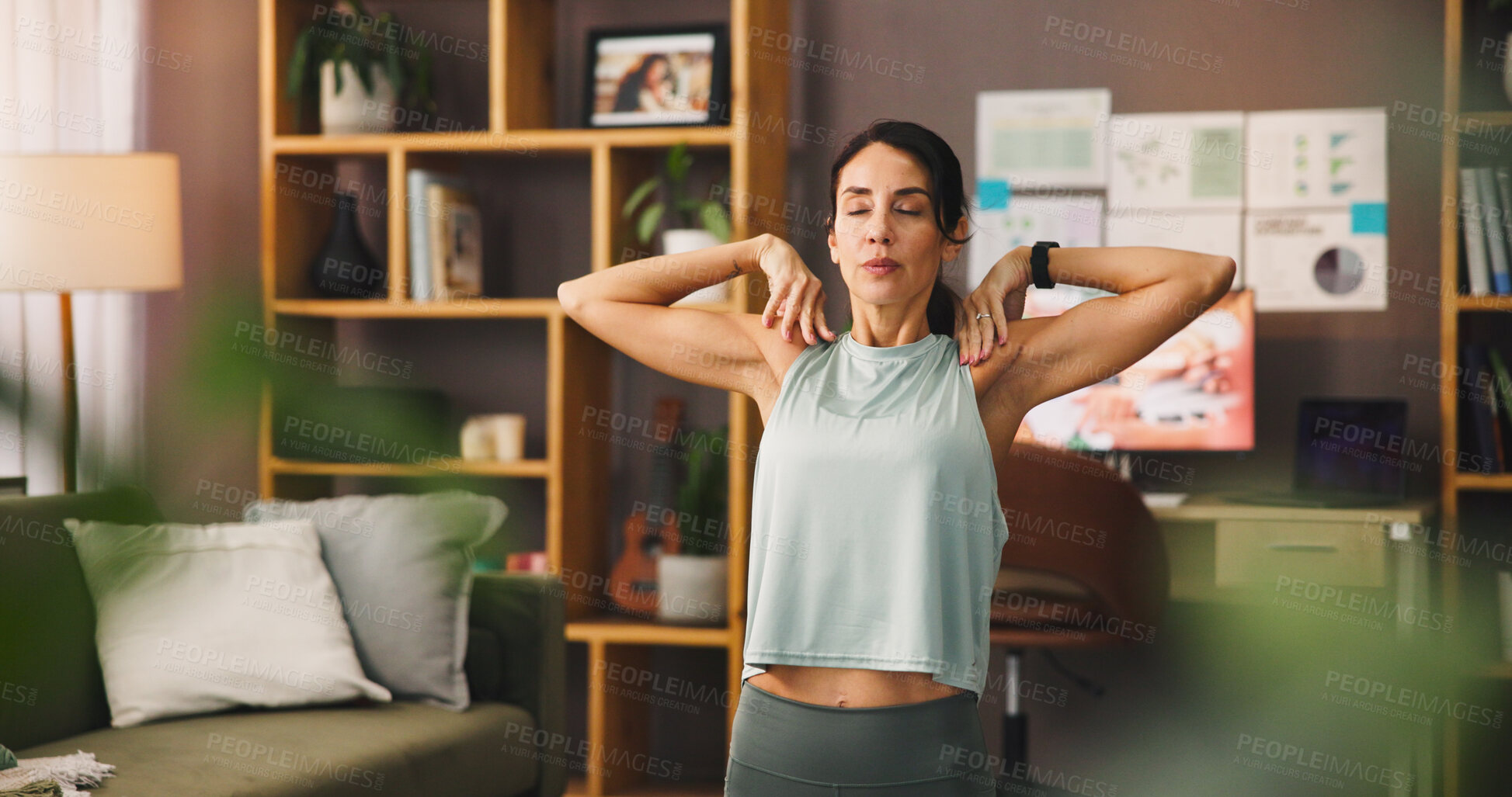 Buy stock photo Meditation, breathing and woman with routine, spiritual and self awareness in morning, wellness and living room. House, calm and person with mindfulness for health, zen and stress relief in lounge