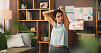 Woman, yoga and stretching arms with home exercise for flexibility, health or wellness. Female person, yogi or warm up with physical activity or zen for pilates, fitness or getting ready for workout