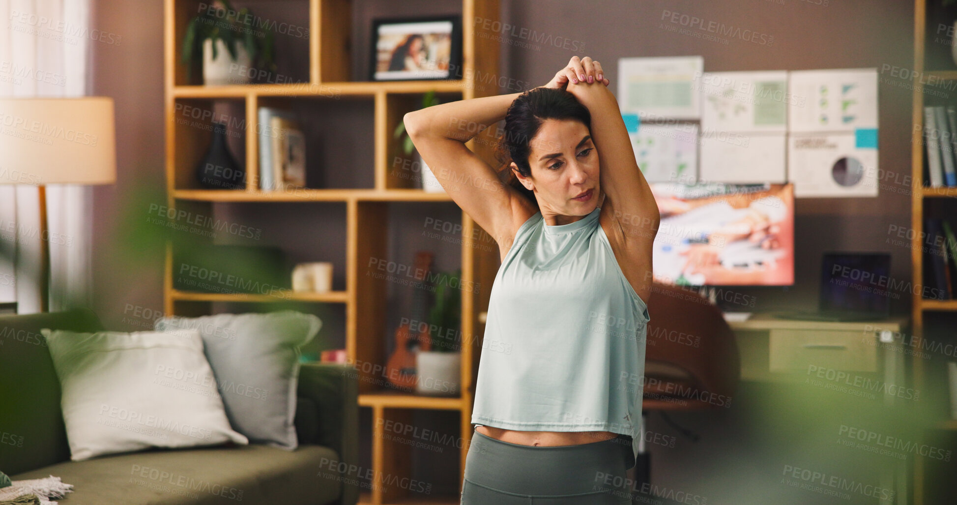 Buy stock photo Woman, yoga and stretching arms with home exercise for flexibility, health or wellness. Female person, yogi or warm up with physical activity or zen for pilates, fitness or getting ready for workout