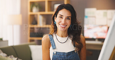 Buy stock photo Portrait, happy and woman with canvas as artist for painting, creative process and craft project. Smile, female person and pride with talent, art activity and hobby with passion for artwork at house