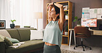 Meditation, stretching and woman with routine, home and self awareness in morning, calm and breathing. House, zen and person with mindfulness for health, spiritual and stress relief in living room
