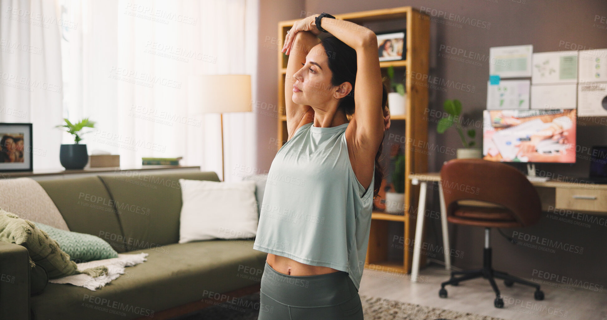 Buy stock photo Meditation, stretching and woman with routine, home and self awareness in morning, calm and breathing. House, zen and person with mindfulness for health, spiritual and stress relief in living room