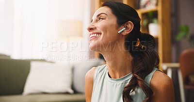 Buy stock photo Happy, woman and earphones for listening with fitness break in home, music or podcast for exercise motivation. Wellness, workout and female person with wireless audio tech, radio or relax in house