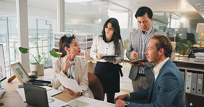 Buy stock photo Meeting, planning and teamwork with business people in office for development or discussion. Laptop, paper and tablet with employee group in corporate workplace for conversation, strategy or update