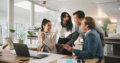 Buy stock photo Collaboration, meeting and success with business people in office for goals, milestone or target. Bonus, good news and winner with employee team in corporate workplace for achievement or deal