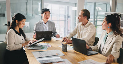 Buy stock photo Collaboration, meeting and planning with business people in office for development or discussion. Documents, laptop and tablet with employee team in corporate workplace for conversation or strategy