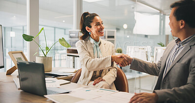 Buy stock photo Handshake, meeting and partnership with business people in office for agreement, contract or deal. B2B, collaboration and laptop with employee team shaking hands in corporate workplace for thank you