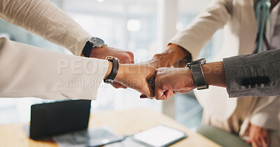 Buy stock photo Collaboration, fist bump and hands of business people in office for motivation or solidarity. Circle, huddle and success with employee team closeup in corporate workplace for celebration or unity