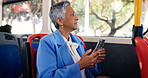 Business, commute and phone with woman on bus for travel or work destination in morning. App, delay and thinking with mature employee on public transportation for journey or trip to corporate job