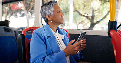 Buy stock photo Business, commute and phone with woman on bus for travel or work destination in morning. App, delay and thinking with mature employee on public transportation for journey or trip to corporate job