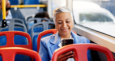 Buy stock photo Phone, smile and businesswoman on bus for travel checking email, communication or contact. Cellphone, happy and female manager with networking online for commute on public transport in city.