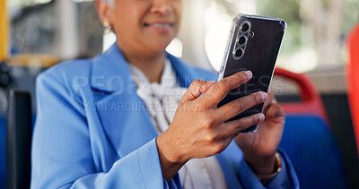 Buy stock photo Phone, hands and businesswoman on bus for travel checking email, communication or contact. Cellphone, closeup and female manager with networking online for commute on public transport in city.