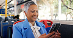 Cellphone, professional and businesswoman on bus for travel checking email, communication or contact. Phone, app and female manager with networking online for commute on public transport in city.