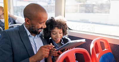 Buy stock photo Travel, tablet and kid with father in bus for morning commute, journey and trip to school together. Technology, parent and boy in public transport for learning, game and laughing at meme on internet