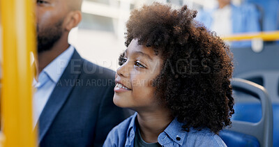 Buy stock photo Travel, happy and kid with father in bus for morning commute, journey and trip to school together. Smile, dad and boy in public transport with passenger for transit service, thinking and vision