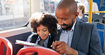 Travel, tablet and child with father in bus for morning commute, journey or trip to school together. Technology, parent and boy in public transport for learning, smile and reading ebook on internet