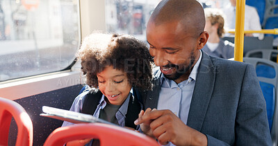 Buy stock photo Travel, tablet and child with father in bus for morning commute, journey or trip to school together. Technology, parent and boy in public transport for learning, smile and reading ebook on internet
