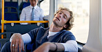 Nurse, public transportation and sleeping with man on bus for commute or travel to healthcare job. Burnout, fatigue and scrubs with tired medical professional in hospital vehicle for journey to work