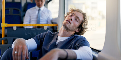 Buy stock photo Nurse, public transportation and sleeping with man on bus for commute or travel to healthcare job. Burnout, fatigue and scrubs with tired medical professional in hospital vehicle for journey to work
