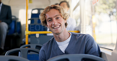 Buy stock photo Commute, nurse and portrait with man on bus for journey or travel to healthcare job. Internship, Scrubs and smile with happy medical professional in vehicle for public transportation to work