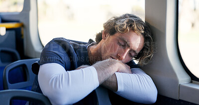 Buy stock photo Commute, nurse and sleeping with man on bus for exhaustion or travel to healthcare job. Fatigue, public transportation and scrubs with tired medical professional in vehicle for journey to work