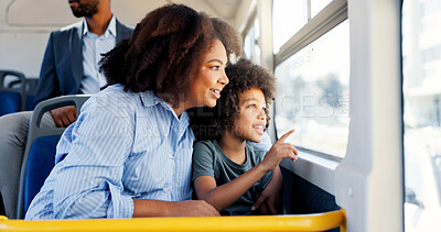 Buy stock photo Talking, bus or travel with mom, kid or smile for commute on urban journey, holiday or trip. Mother, window or boy child with parent in city for sightseeing, public transport or morning adventure