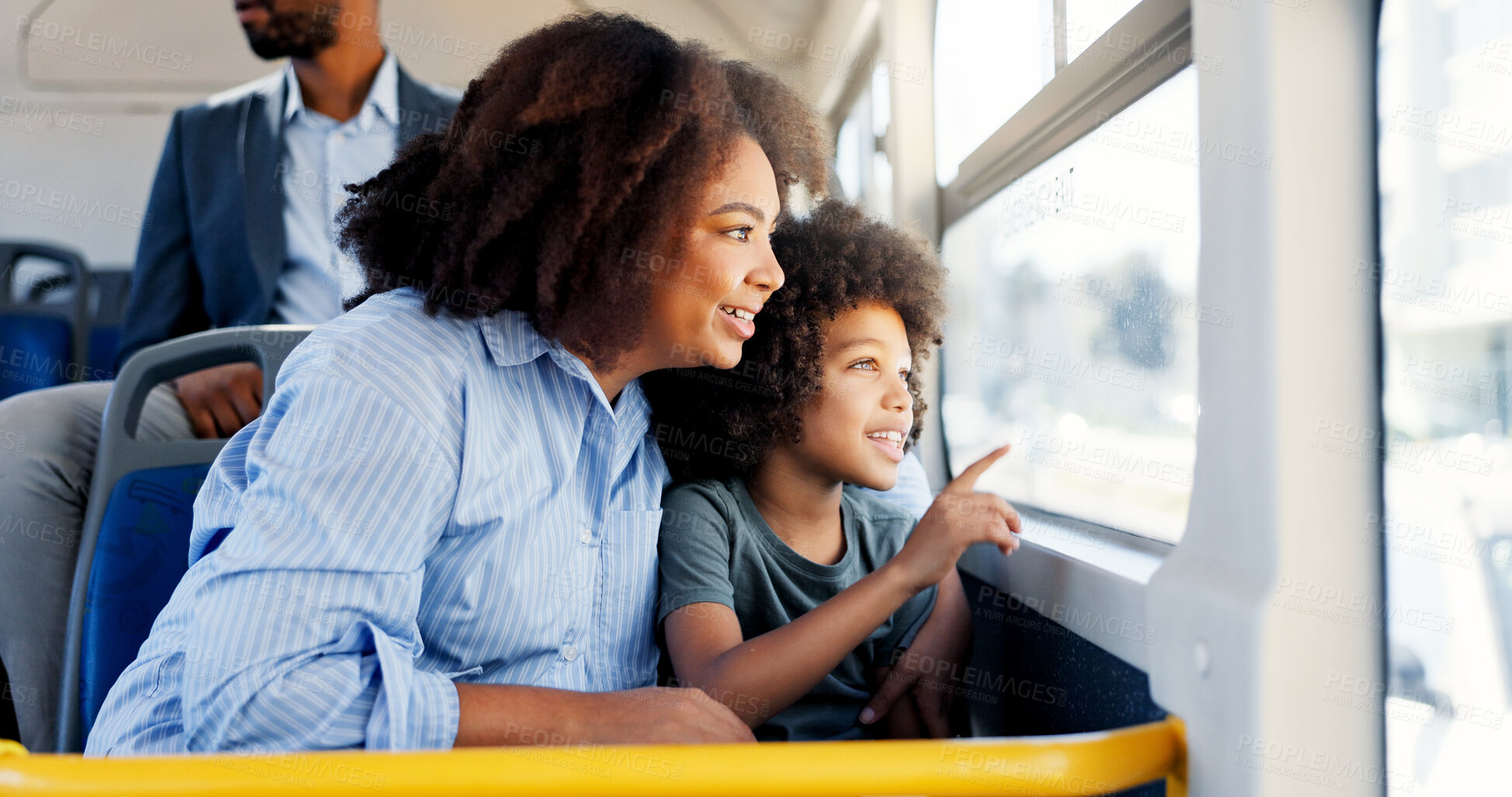 Buy stock photo Talking, bus or travel with mom, kid or smile for commute on urban journey, holiday or trip. Mother, window or boy child with parent in city for sightseeing, public transport or morning adventure