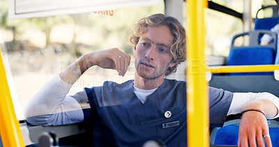 Buy stock photo Commute, nurse and thinking with man on bus for journey or travel to healthcare job. Scrubs, shuttle and waiting with medical professional in hospital vehicle for public transportation to work