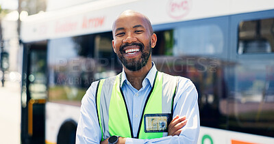 Buy stock photo Arms crossed, bus driver and portrait of black man at station for commute, public transportation or service. Metro, smile and uniform with happy coach conductor outdoor for journey, tour or travel