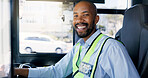 Bus driver, portrait and smile of black man at station for commute, public transportation or service. Driving, metro and uniform with happy coach conductor in vehicle for journey, tour or travel