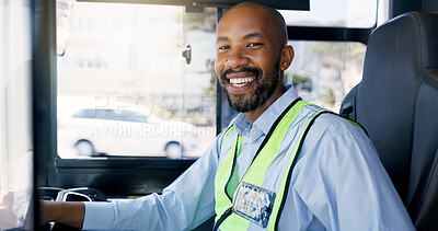 Buy stock photo Bus driver, portrait and smile of black man at station for commute, public transportation or service. Driving, metro and uniform with happy coach conductor in vehicle for journey, tour or travel