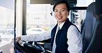 Bus driver, portrait and smile of Asian man at station for commute, public transportation or service. City, driving and uniform with happy coach conductor in vehicle for journey, tour or travel