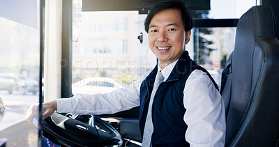 Buy stock photo Bus driver, portrait and smile of Asian man at station for commute, public transportation or service. City, driving and uniform with happy coach conductor in vehicle for journey, tour or travel