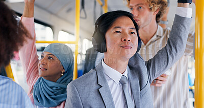 Buy stock photo Business, music and thinking with Asian man on bus for public transportation to work destination. Commute, idea and travel with corporate employee on coach or shuttle for morning journey to job