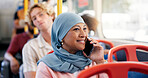 Travel, phone call or Muslim woman on bus for talking, commute or ride for location, urban journey or route. Happy, morning or passenger in public transport on mobile for address, trip or directions