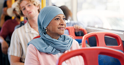 Buy stock photo Muslim, woman and travel on bus for journey, morning commute and thinking on trip in city. Mature passenger, public transport service and ride with Islamic person for thoughts, vision or reflection