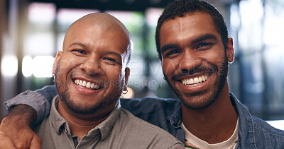 Buy stock photo House, gay couple and portrait with hug, smile and love for bonding in living room. Happy partner, sofa and lgbt pride with marriage together in home lounge with queer romance and relationship care