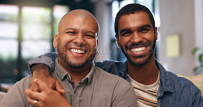 Buy stock photo Living room, gay couple and portrait with hug, smile and love for bonding in house. Happy people, sofa and lgbt pride with marriage together in home lounge with queer romance and relationship care