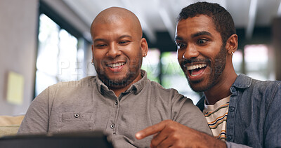 Buy stock photo Happy, gay couple or men with tablet, love or smile for renovation blog research in living room. Surprise, lgbtq or queer people pointing on technology in home with social media for interior design