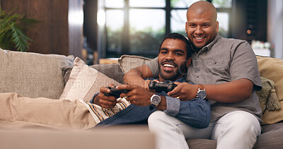 Buy stock photo Home, gay couple and gaming with controller on sofa for multiplayer, competition and entertainment. Lgbtq, queer love and men with smile in living room for esports challenge, streaming and contest