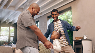 Buy stock photo Gay, dads or child dancing with family, smile and girl in celebration together in home for adoption. LGBT, fathers or queer men with daughter for foster care, adopted kid or bonding as happy parents